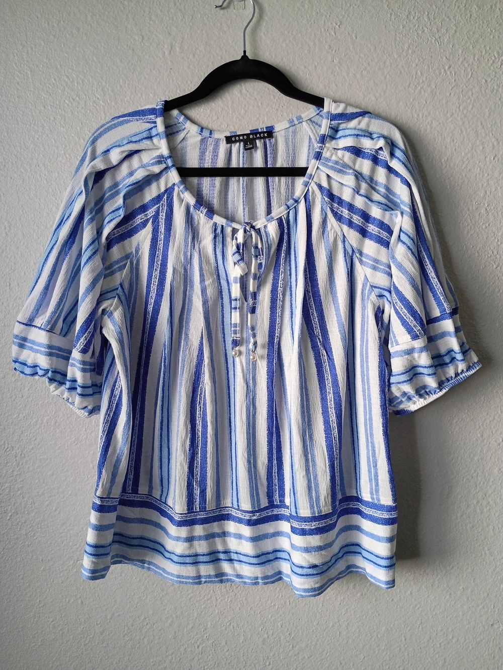 Como Black Blue & White Striped Tie-Neck Top Size Large